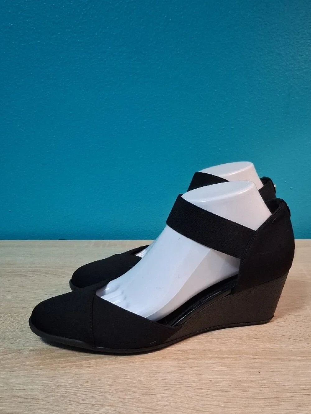 Anne Klein TRILLION Black Wedge with Ankle Strap